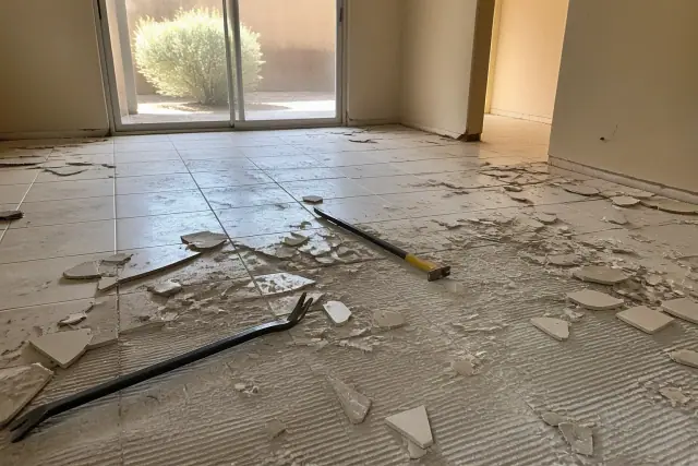Contractor removing ceramic and porcelain tile from a floor at a residential home in Phoenix, AZ.