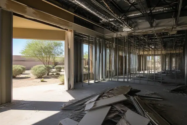 Interior of a commercial office demolition project in Gilbert, AZ showing raw structural studs and exposed conduits.