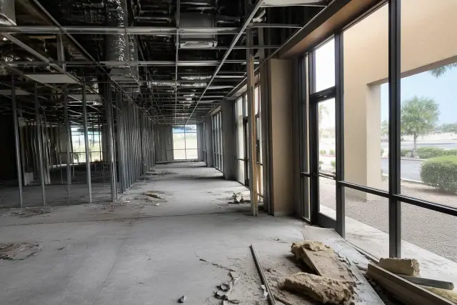 Interior view of a commercial demolition project with exposed studs and utilities at a job site in Goodyear, AZ.