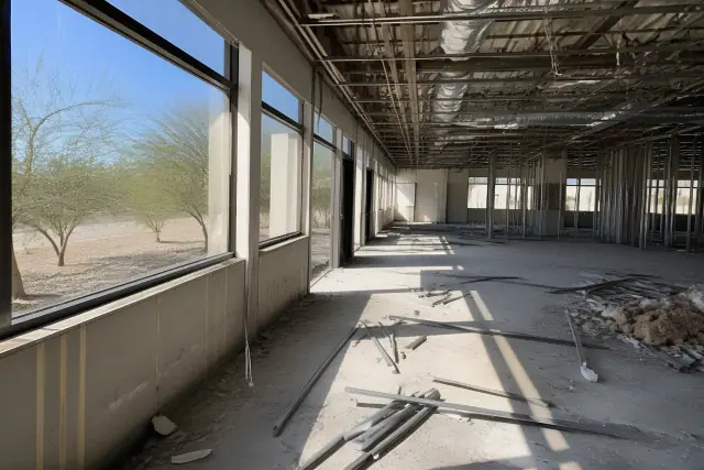 Interior of a commercial building undergoing demolition in Peoria, AZ with exposed studs and desert brush outside.