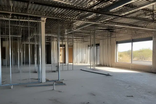 Interior view of a commercial office gutting project in Queen Creek, AZ, showing exposed studs and ceiling utilities.