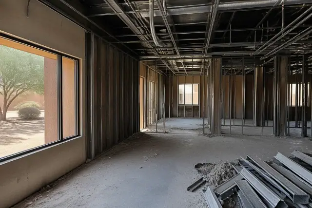 Interior of a commercial building demolition site in Surprise, AZ, showing exposed studs and ceiling conduits.