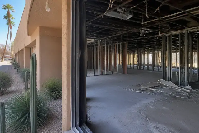 Interior of a commercial office demolition in Tempe, AZ, showing exposed structural studs and desert landscaping outside.