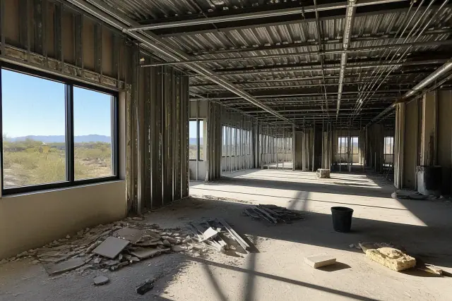 Interior view of a commercial demolition jobsite in Mesa, AZ, showing exposed structural studs and utility conduits.