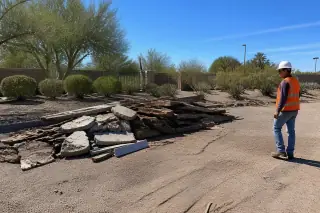 Technician inspecting a pile of sorted construction debris on a commercial demolition site in Phoenix, AZ.