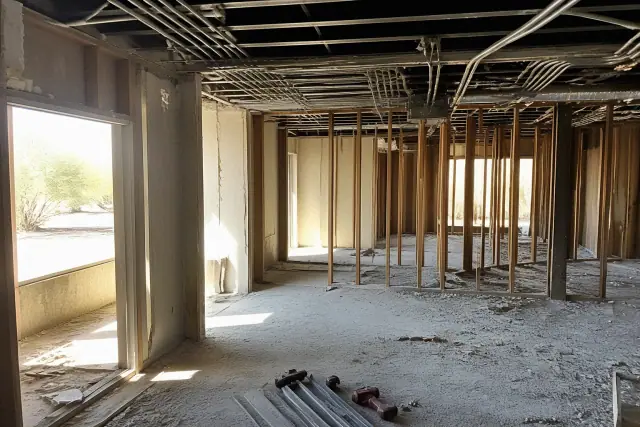 Interior commercial demolition showing exposed studs and conduits in a Phoenix, AZ building.