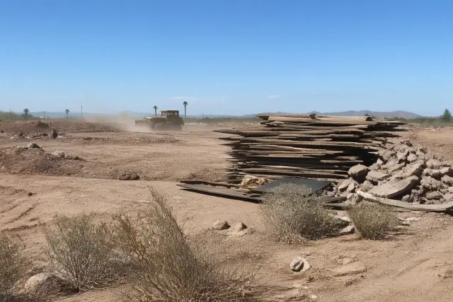 Construction equipment grading land and clearing a site with desert soil and debris in Phoenix, AZ.