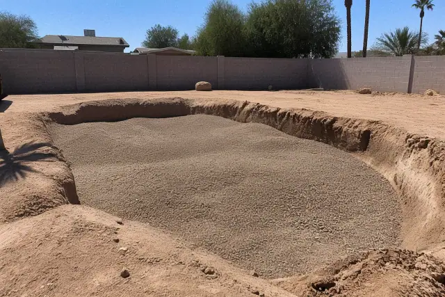 Excavated pool basin filled with aggregate during a demolition project in Phoenix, AZ.