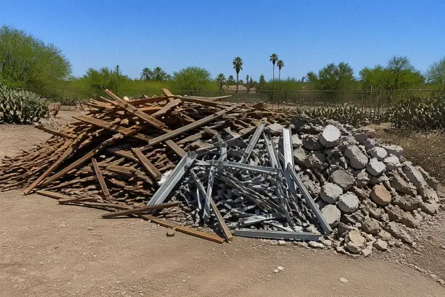 Sorted construction waste and debris from a demolition site in Phoenix, AZ, with desert soil and cacti in the background.