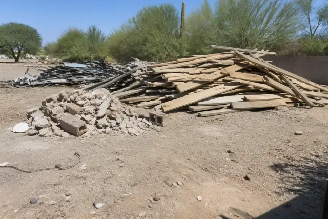 Sorted construction waste pile at a commercial demolition job site in Phoenix, AZ.