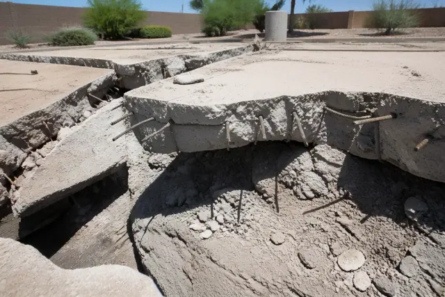 Fractured concrete slab with exposed rebar during demolition at a job site in Phoenix, AZ.