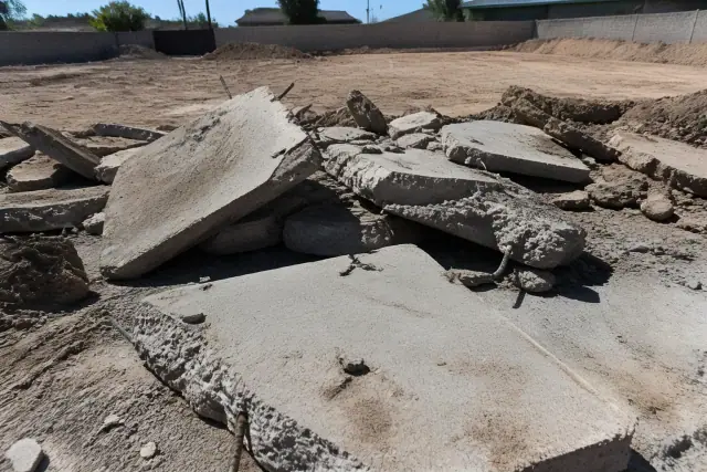 Broken concrete and rebar on a jobsite during site clearing in Phoenix, AZ.