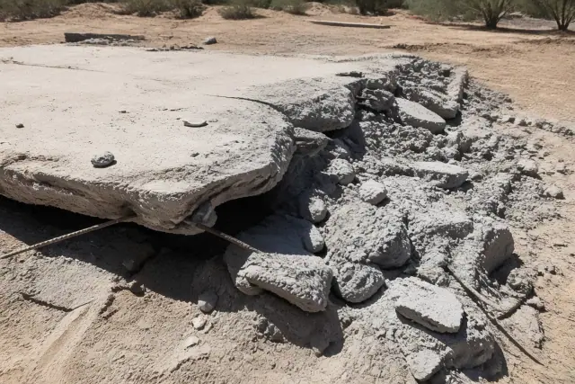Concrete and asphalt debris from a demolition site in Phoenix, AZ with exposed rebar and dusty ground.