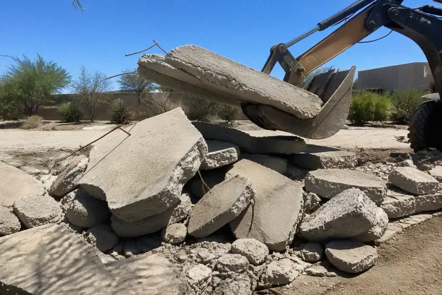 Concrete demolition and removal of a fractured slab with exposed rebar at a jobsite in Phoenix, AZ.