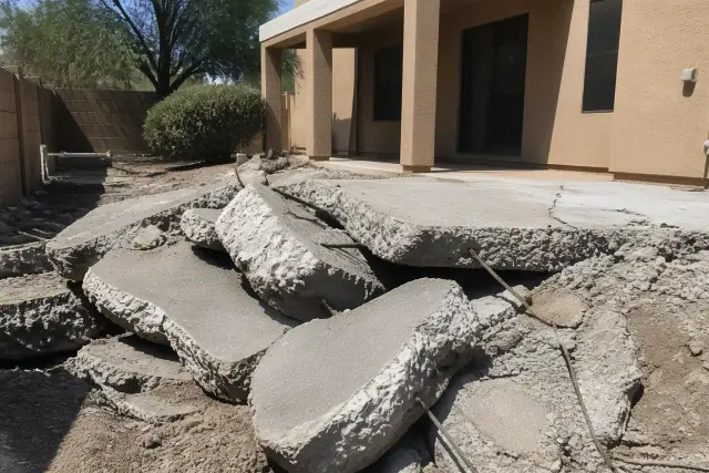 Broken concrete slab with exposed rebar at a residential demolition site in Phoenix, AZ.