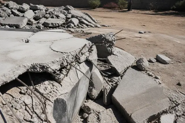 Fractured concrete slab with exposed rebar and debris at a demolition site in Mesa, AZ.
