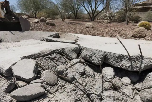 Fractured concrete slab with exposed rebar during a demolition project in Peoria, AZ.