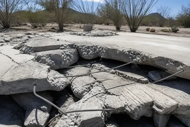 Broken concrete slab with exposed rebar and desert plants in Scottsdale, AZ.