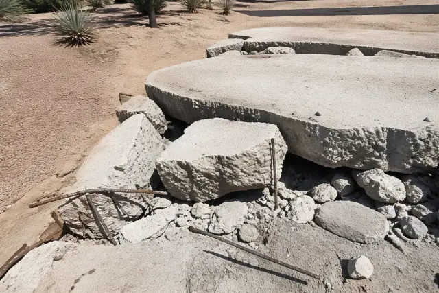 Broken concrete slab with exposed rebar at a commercial demolition jobsite in Phoenix, AZ.