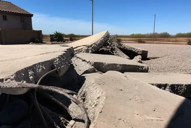 Broken concrete slab with exposed rebar at a jobsite in Queen Creek, AZ under a bright blue sky.