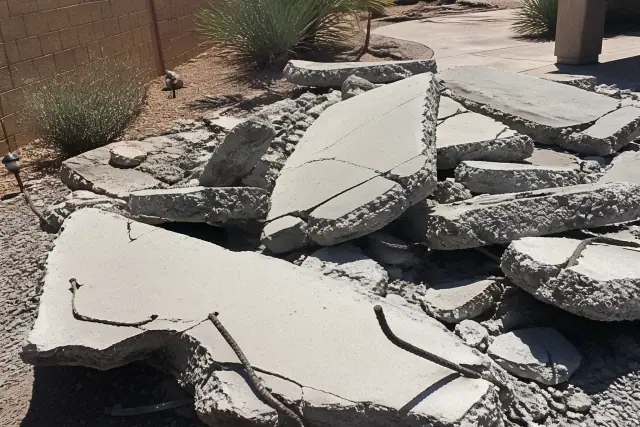 Broken concrete slab with exposed rebar during a demolition project in Gilbert, AZ.