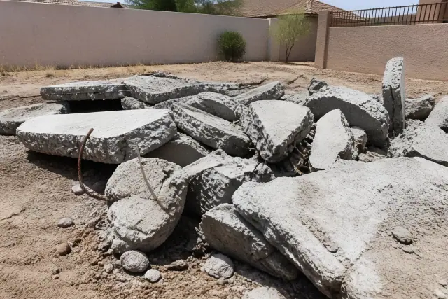 Fractured concrete slab with exposed rebar at a structural demolition jobsite in Phoenix, AZ.