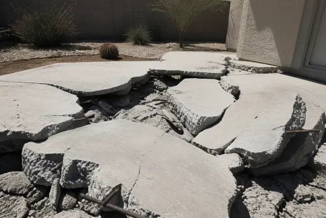 Concrete demolition and removal of a fractured slab with exposed rebar at a residential site in Surprise, AZ.