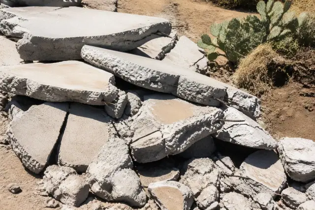 Concrete demolition and removal site with jagged concrete slabs and exposed rebar in Chandler, AZ.