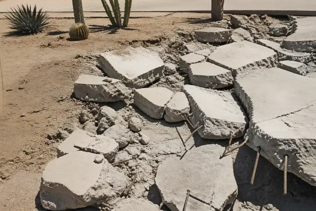 Broken concrete slab with exposed rebar during a demolition project in Tempe, AZ.