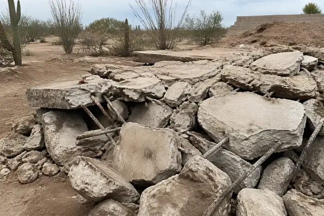 Fractured concrete slab and exposed rebar during a residential foundation removal project in Phoenix, AZ.