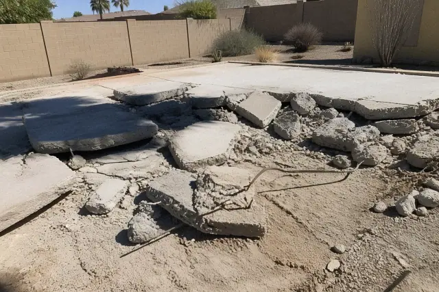 Concrete slab demolition with broken chunks and exposed rebar at a jobsite in Phoenix, AZ.