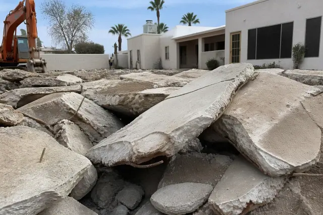 Fractured concrete slab with exposed rebar during a demolition project at a residential site in Phoenix, AZ.
