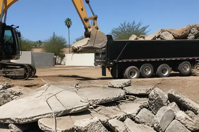 Heavy machinery loading chunks of fractured concrete with exposed rebar at a demolition site in Phoenix, AZ.