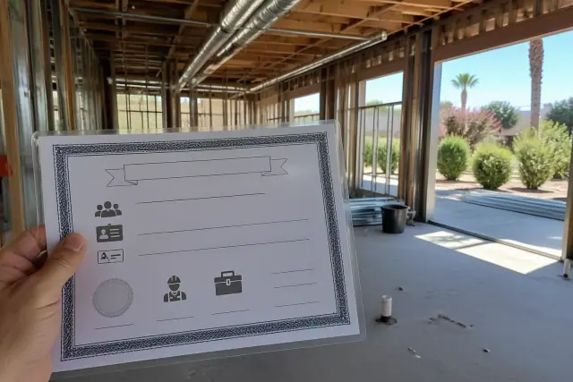 An Arizona contractor license certificate held in a room with exposed studs and pipes at a jobsite in Phoenix, AZ.
