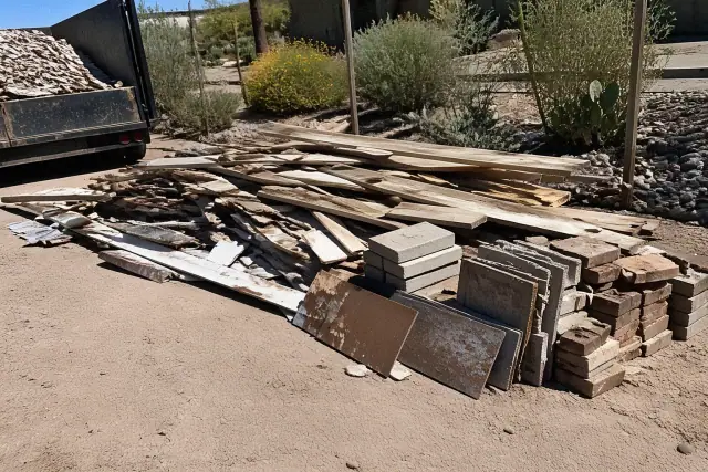 Construction waste and debris from a garage demolition ready for hauling in Phoenix, AZ.