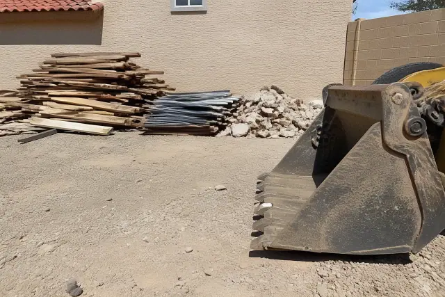 Sorted construction waste and a loading bucket at a job site in Phoenix, AZ.