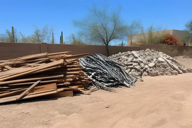 Sorted construction debris including wood, metal, and masonry at a commercial demolition site in Phoenix, AZ.