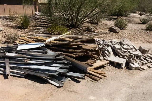 Sorted construction debris including wood, metal, and masonry at a jobsite in Phoenix, AZ.