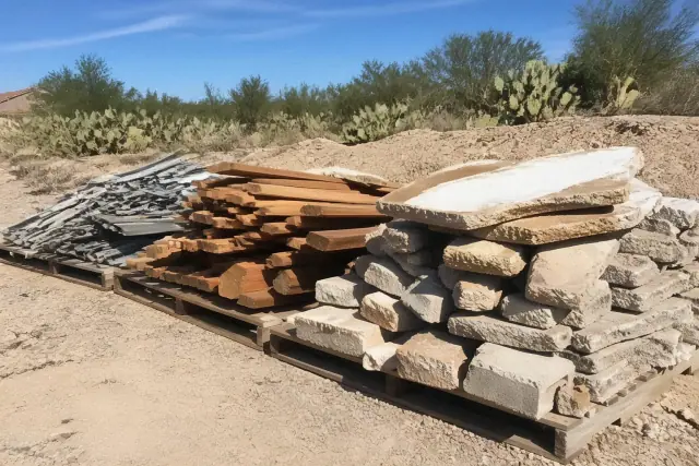 A neat stack of sorted construction waste including wood, metal, and masonry at a demolition site in Phoenix, AZ.