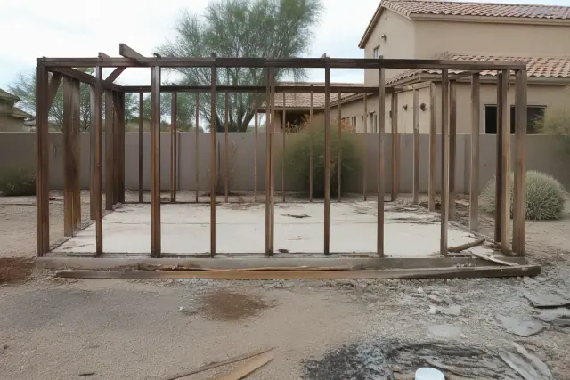 Skeletal wooden frame of a detached garage being demolished in Phoenix, AZ, with desert landscaping in the background.