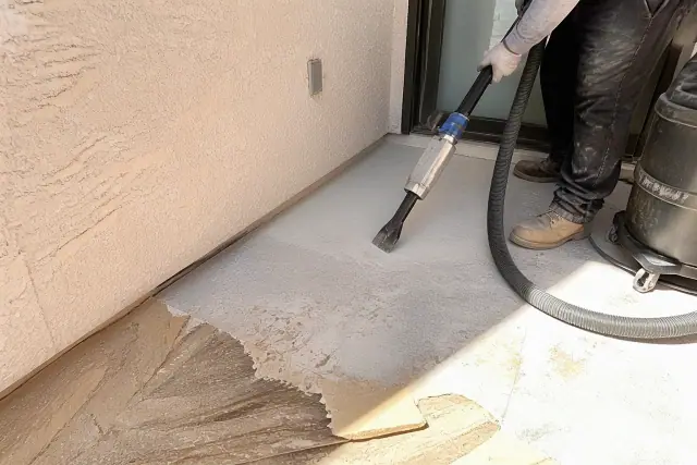 Dustless tile removal on a concrete subfloor with vacuum extraction tools at a jobsite in Phoenix, AZ.