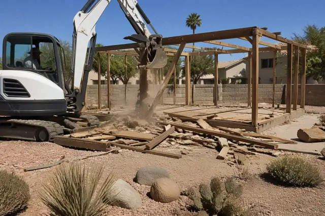 Heavy machinery demolishing a wooden shed frame at a residential property in Phoenix, AZ.