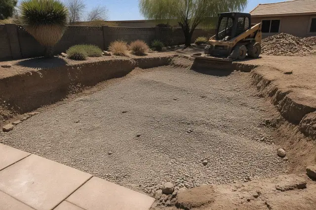 Construction equipment and debris removal during a pool demolition project in Phoenix, AZ.
