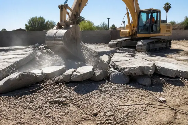 Excavator breaking a concrete slab with exposed rebar at a demolition site in Phoenix, AZ.