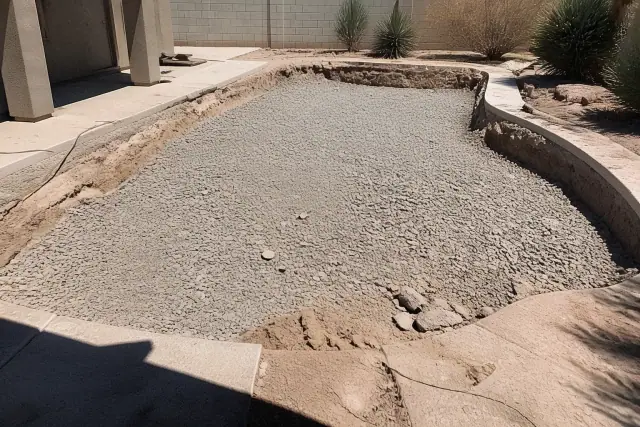 Excavation site with a hollowed pool basin filled with aggregate during a fiberglass pool removal in Phoenix, AZ.