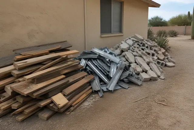 Sorted construction waste including wood, metal, and masonry for site cleanup in Phoenix, AZ.