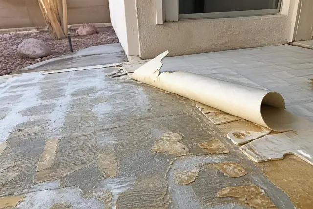 Vinyl flooring removal and exposed subfloor during a renovation in Tempe, AZ.