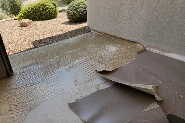 Vinyl flooring removal showing adhesive residue on a subfloor at a jobsite in Mesa, AZ.