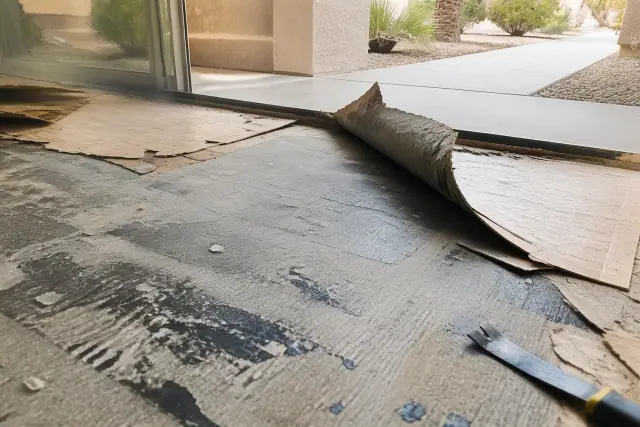 Torn vinyl flooring being removed from a subfloor during a residential demolition in Phoenix, AZ.