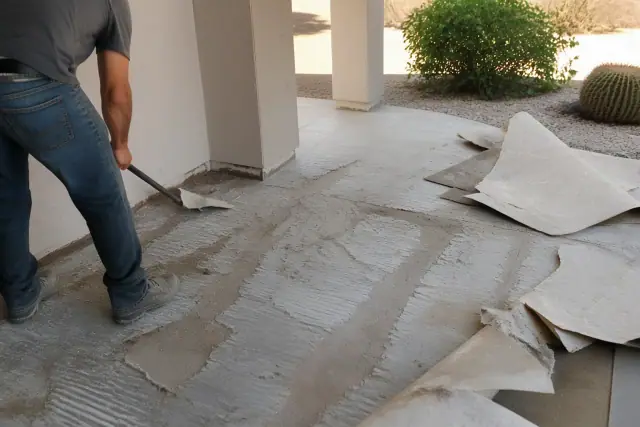 Torn vinyl flooring being removed from a residential subfloor during a renovation project in Gilbert, AZ.